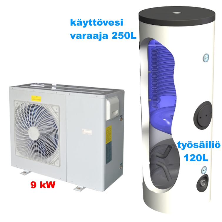 (kuva kohteelle) EVI DC Inverter ilma-vesilämpöpumppu 9 kW Monoblock + Kombi 370L