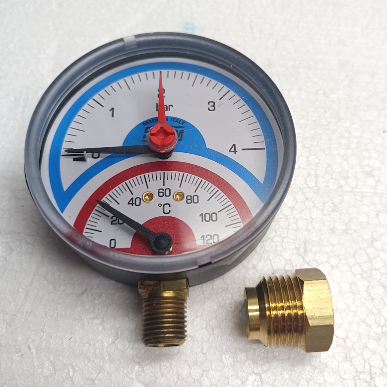 (kuva kohteelle) Thermomanometer 0-120°C, 4bar, d=80mm, G1/2", bottom conn.